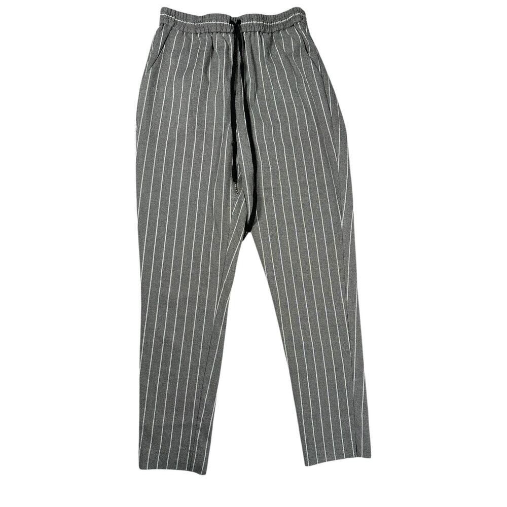 BURU Striped Pull On Pants Womens S Grey White Elastic Waist Ankle Minimalist